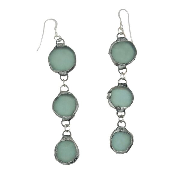 Triple Drop Sea Glass Artisan Earrings Caged in Silver- Blend Boho Metalwork - Picture 8 of 11